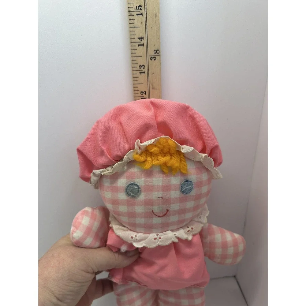 1975 FISHER-PRICE LOLLY Pink Gingham Rattle Inside Rag Doll #420 EUC FLAWED